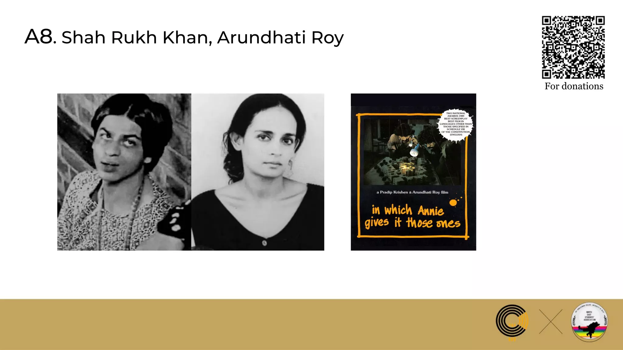A8. Shah Rukh Khan, Arundhati Roy
For donations
 