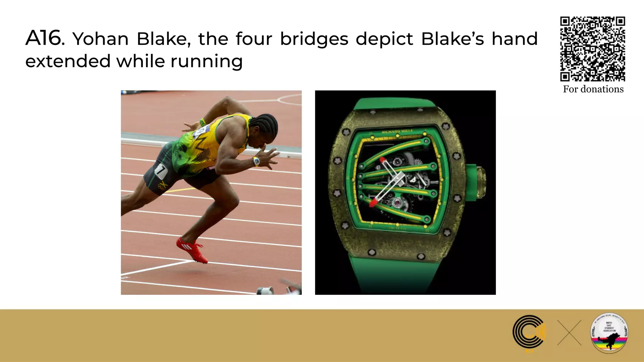 A16. Yohan Blake, the four bridges depict Blake’s hand
extended while running
For donations
 