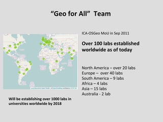 “Geo for All” Team
ICA-OSGeo MoU in Sep 2011
Over 100 labs established
worldwide as of today
North America – over 20 labs
Europe – over 40 labs
South America – 9 labs
Africa – 4 labs
Asia – 15 labs
Australia - 2 lab
Will be establishing over 1000 labs in
universities worldwide by 2018
 