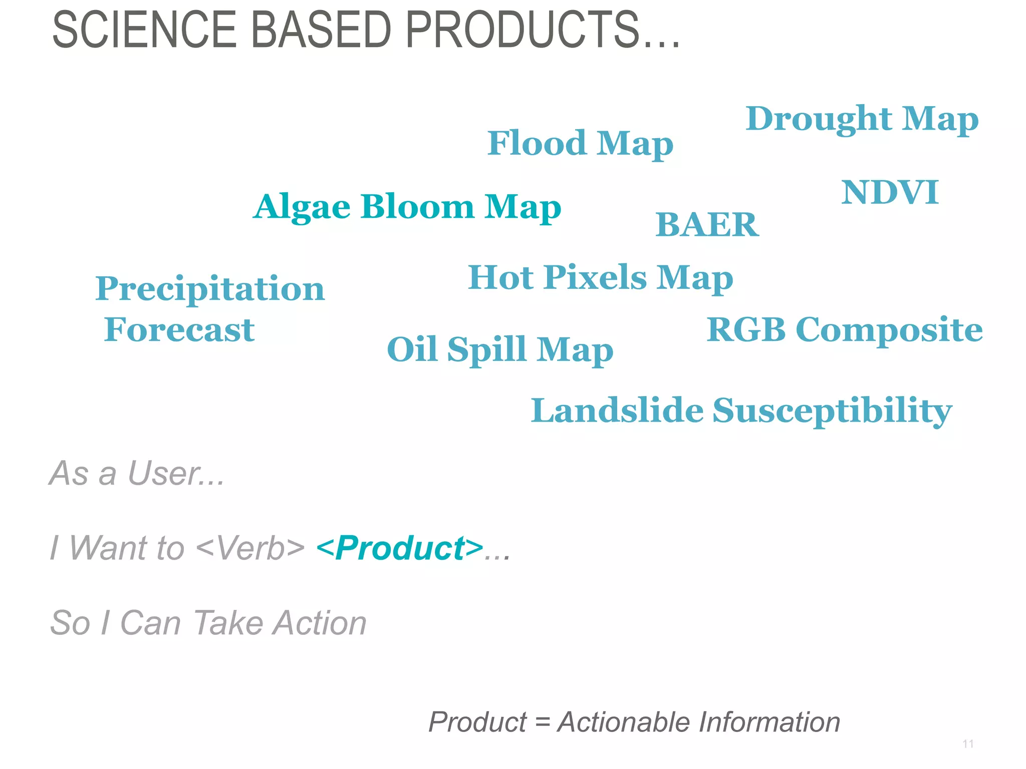 11
SCIENCE BASED PRODUCTS…
As a User...
I Want to <Verb> <Product>...
So I Can Take Action
Algae Bloom Map NDVI
Flood Map
Hot Pixels Map
BAER
Drought Map
RGB Composite
Landslide Susceptibility
Oil Spill Map
Precipitation
Forecast
Product = Actionable Information
 
