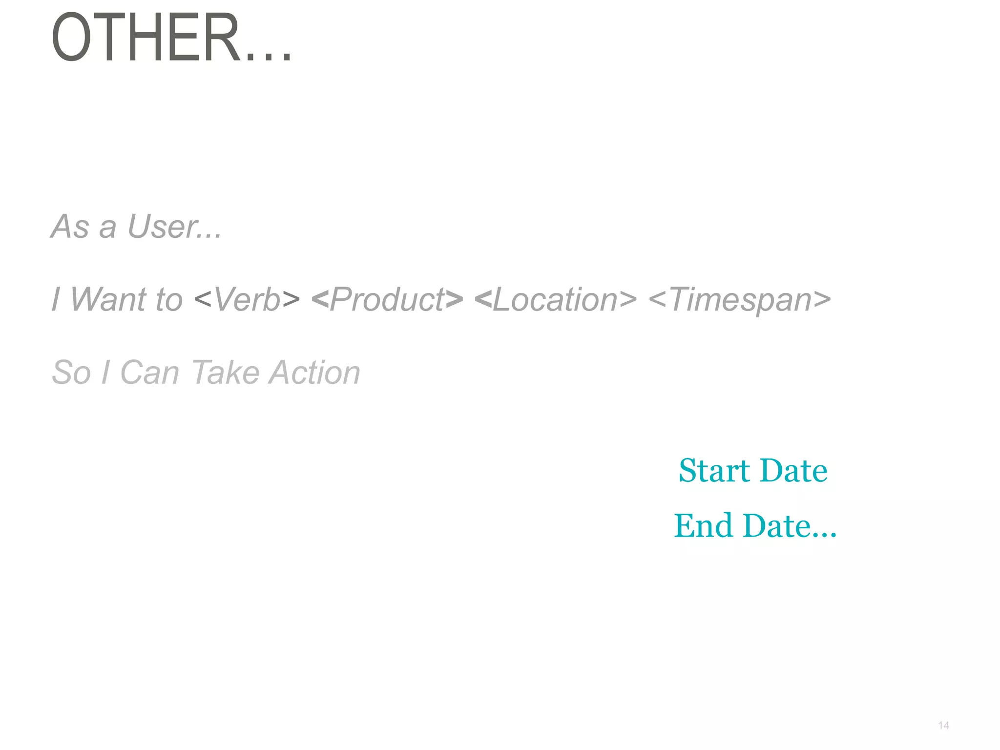 14
OTHER…
As a User...
I Want to <Verb> <Product> <Location> <Timespan>
So I Can Take Action
Start Date
End Date...
 