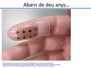 Implants i nous “bio-nano-tatuatges”…
Motorola: 2014 Parts del tatuatge electrònic MC10 Biostamp
http://i.dailymail.co.uk/...
