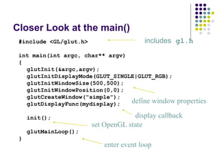 Closer Look at the main()
 #include <GL/glut.h>                    includes gl.h
 int main(int argc, char** argv)
 {
   glutInit(&argc,argv);
   glutInitDisplayMode(GLUT_SINGLE|GLUT_RGB);
   glutInitWindowSize(500,500);
   glutInitWindowPosition(0,0);
   glutCreateWindow("simple");
   glutDisplayFunc(mydisplay);   define window     properties

     init();                         display callback
                        set OpenGL state
     glutMainLoop();
 }
                            enter event loop
 