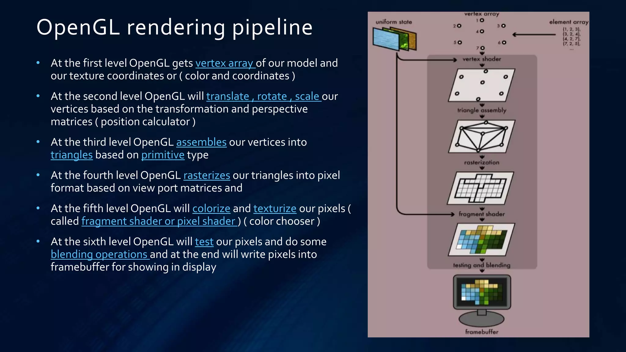 OpenGL rendering pipeline
• At the first level OpenGL gets vertex array of our model and
our texture coordinates or ( color and coordinates )
• At the second level OpenGL will translate , rotate , scale our
vertices based on the transformation and perspective
matrices ( position calculator )
• At the third level OpenGL assembles our vertices into
triangles based on primitive type
• At the fourth level OpenGL rasterizes our triangles into pixel
format based on view port matrices and
• At the fifth level OpenGL will colorize and texturize our pixels (
called fragment shader or pixel shader ) ( color chooser )
• At the sixth level OpenGL will test our pixels and do some
blending operations and at the end will write pixels into
framebuffer for showing in display
 