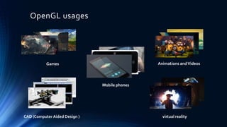 OpenGL usages
Games Animations andVideos
virtual realityCAD (Computer Aided Design )
Mobile phones
 