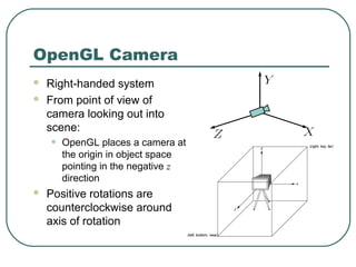 OpenGL Camera
   Right-handed system
   From point of view of
    camera looking out into
    scene:
    •   OpenGL places a camera at
        the origin in object space
        pointing in the negative z
        direction
   Positive rotations are
    counterclockwise around
    axis of rotation
 