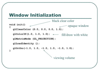 Window Initialization
                                black clear color
void init()
{                                           opaque window
   glClearColor (0.0, 0.0, 0.0, 1.0);
    glColor3f(1.0, 1.0, 1.0);         fill/draw with white
    glMatrixMode (GL_PROJECTION);
    glLoadIdentity ();
    glOrtho(-1.0, 1.0, -1.0, 1.0, -1.0, 1.0);
}


                                viewing volume
 