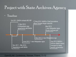 Project with State Archives Agency
• Timeline
Oct 2011: BASA contacts BG WP
13 Mar 2012:
6 Wikipedians sign
agreements with BASA

17 Noe 2012: NARA’s Chief Innovations
officer Pamela Wright visits BG
May 2013:
1 new Wikipedian signs.
Plovdiv Archives join

Dec 2012: 2 new Wikipedians sign
June 2012: 1 new Wikipedian signs
Nov 2011 – Mar 2012:
Negotiations with BASA

OpenGLAM Conference, Warsaw, Poland, 11-12

Aug 2013: BASA’s
Director Martin Ivanov
changed by newly
elected government

 