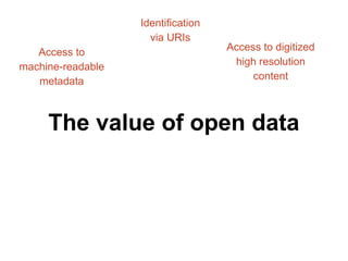 Access to 
machine-readable 
metadata 
Identification 
via URIs 
Access to digitized 
high resolution 
content 
The value of open data 
 