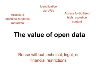 Access to 
machine-readable 
metadata 
Identification 
via URIs 
Access to digitized 
high resolution 
content 
The value of open data 
Reuse without technical, legal, or 
financial restrictions 
 
