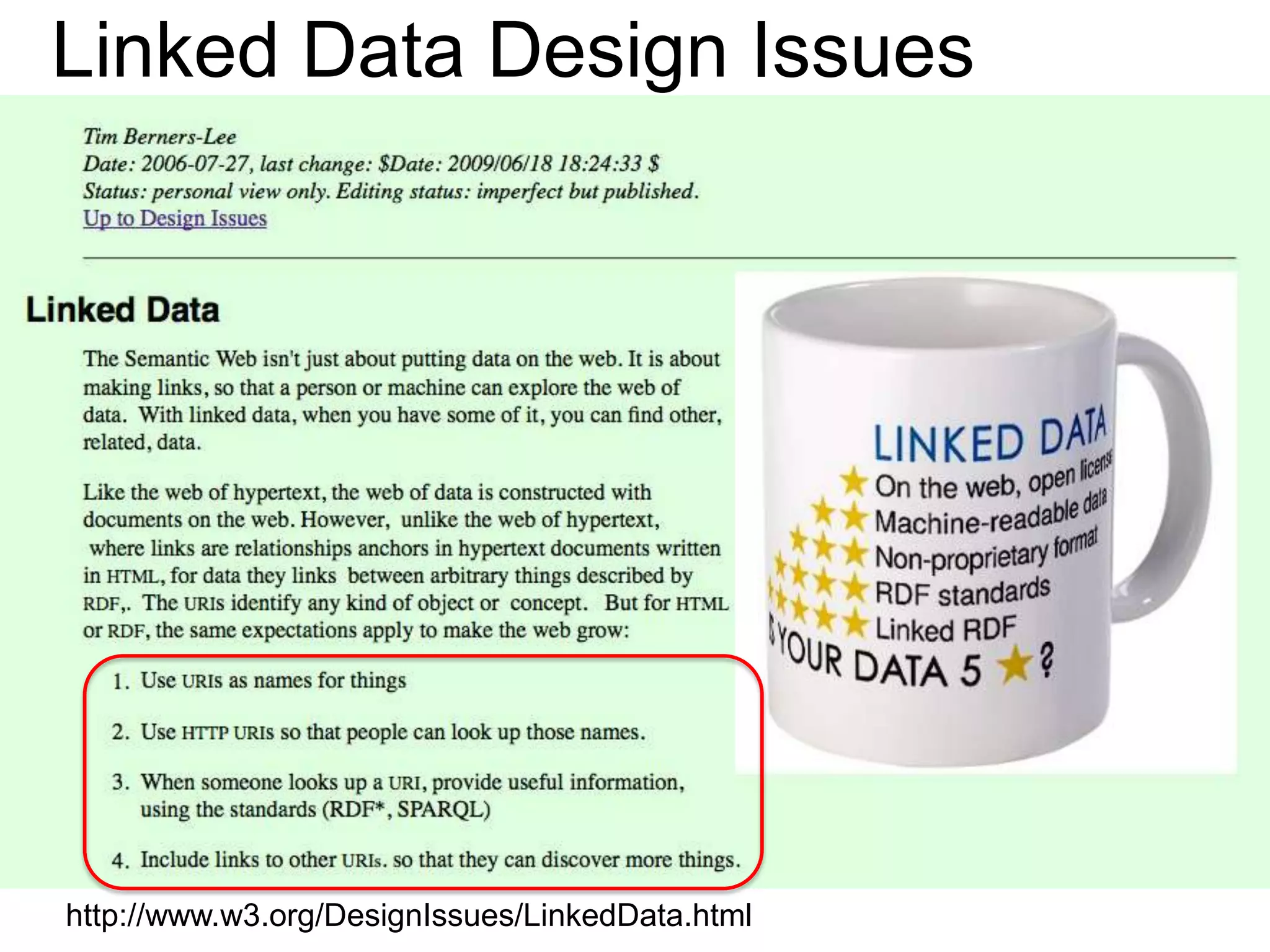 Linked Data Design Issues

• URIs
• LD Design Issues
• Triples




http://www.w3.org/DesignIssues/LinkedData.html
 
