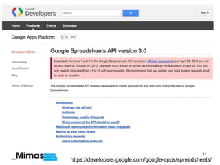 11
https://developers.google.com/google-apps/spreadsheets/
 