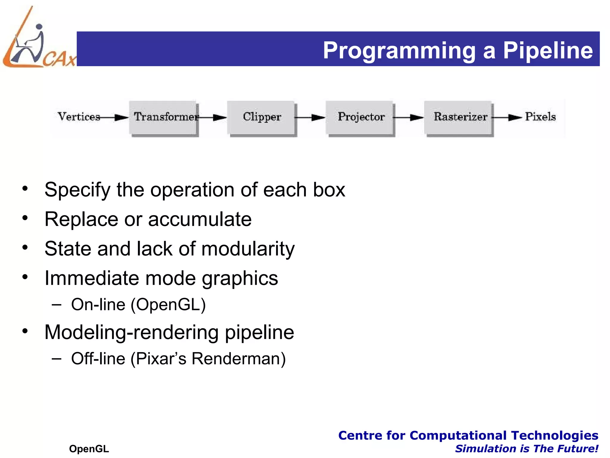 Programming a Pipeline




•   Specify the operation of each box
•   Replace or accumulate
•   State and lack of modularity
•   Immediate mode graphics
    – On-line (OpenGL)
• Modeling-rendering pipeline
    – Off-line (Pixar’s Renderman)



                                      Centre for Computational Technologies
      OpenGL                                          Simulation is The Future!
 