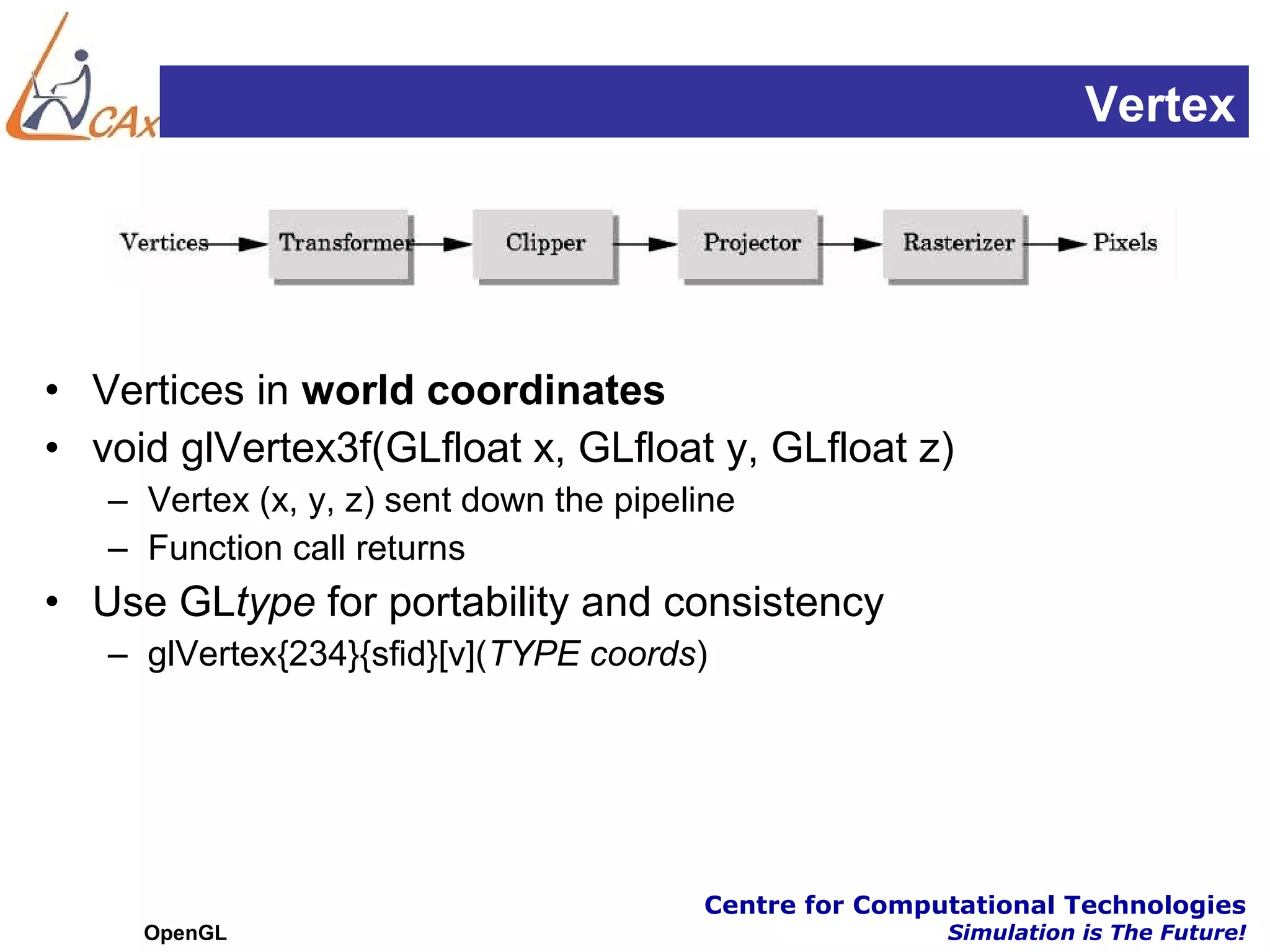 Vertex




• Vertices in world coordinates
• void glVertex3f(GLfloat x, GLfloat y, GLfloat z)
   – Vertex (x, y, z) sent down the pipeline
   – Function call returns
• Use GLtype for portability and consistency
   – glVertex{234}{sfid}[v](TYPE coords)




                                         Centre for Computational Technologies
     OpenGL                                              Simulation is The Future!
 