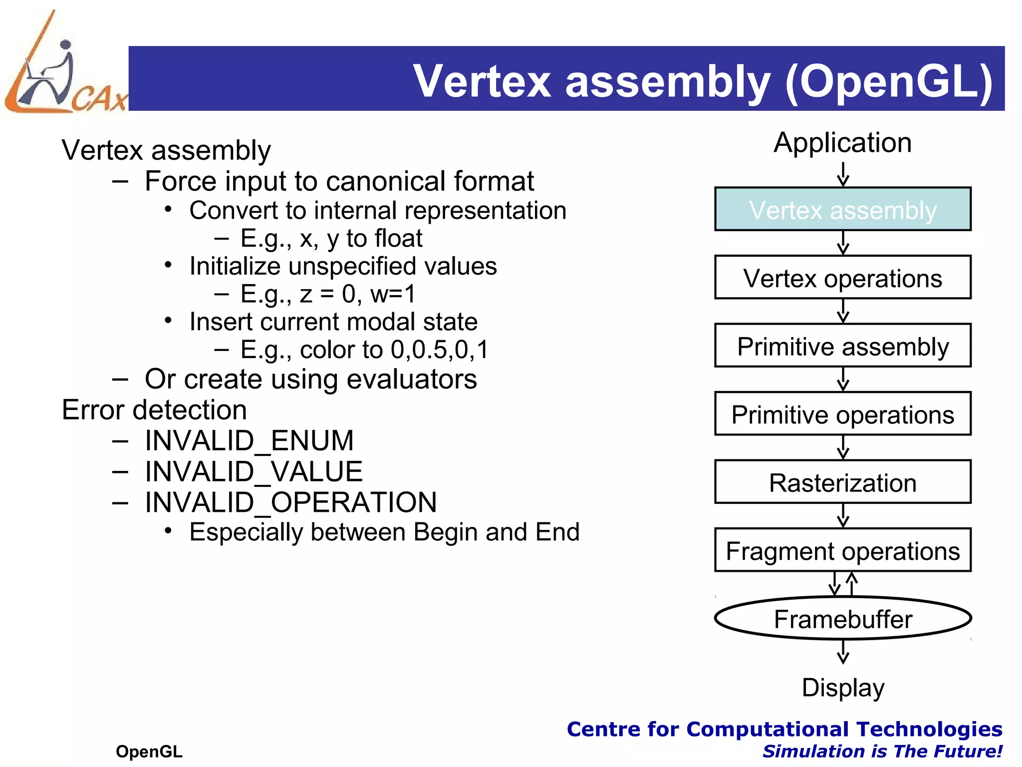 Vertex assembly (OpenGL)
Vertex assembly                                             Application
    – Force input to canonical format
        • Convert to internal representation              Vertex assembly
             – E.g., x, y to float
        • Initialize unspecified values
                                                         Vertex operations
             – E.g., z = 0, w=1
        • Insert current modal state
             – E.g., color to 0,0.5,0,1                  Primitive assembly
    – Or create using evaluators
Error detection                                         Primitive operations
    – INVALID_ENUM
    – INVALID_VALUE                                         Rasterization
    – INVALID_OPERATION
        • Especially between Begin and End
                                                        Fragment operations

                                                            Framebuffer

                                                               Display
                                           Centre for Computational Technologies
    OpenGL                                                 Simulation is The Future!
 