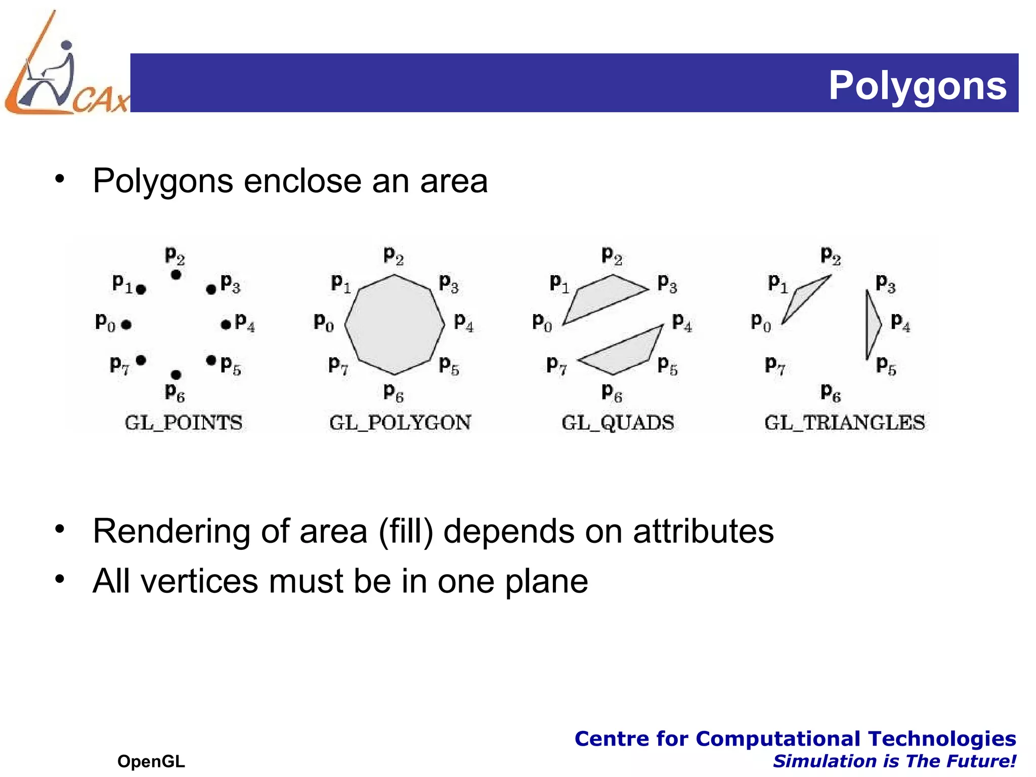 Polygons

• Polygons enclose an area




• Rendering of area (fill) depends on attributes
• All vertices must be in one plane



                                  Centre for Computational Technologies
    OpenGL                                        Simulation is The Future!
 