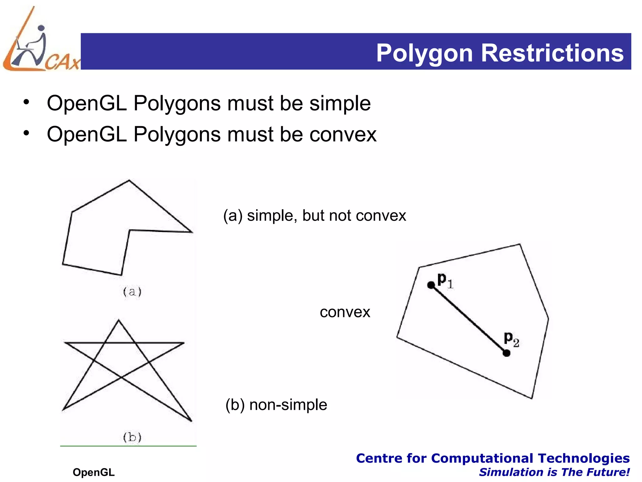 Polygon Restrictions
• OpenGL Polygons must be simple
• OpenGL Polygons must be convex


                  (a) simple, but not convex




                               convex




                  (b) non-simple


                                    Centre for Computational Technologies
    OpenGL                                          Simulation is The Future!
 