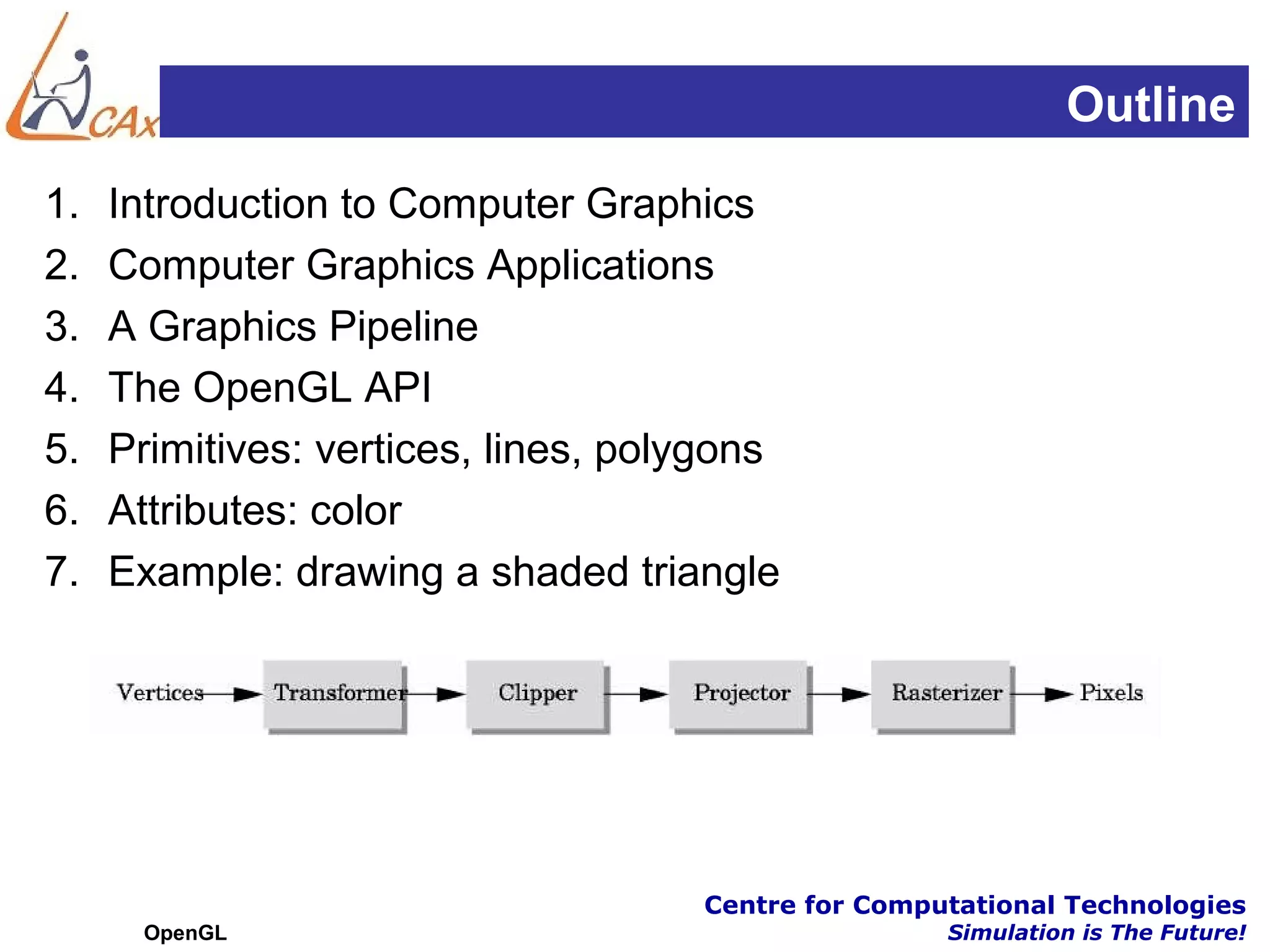 Outline
1.   Introduction to Computer Graphics
2.   Computer Graphics Applications
3.   A Graphics Pipeline
4.   The OpenGL API
5.   Primitives: vertices, lines, polygons
6.   Attributes: color
7.   Example: drawing a shaded triangle




                                     Centre for Computational Technologies
      OpenGL                                         Simulation is The Future!
 