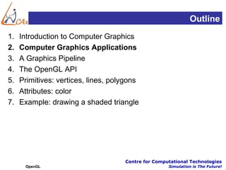 Outline
1.   Introduction to Computer Graphics
2.   Computer Graphics Applications
3.   A Graphics Pipeline
4.   The OpenGL API
5.   Primitives: vertices, lines, polygons
6.   Attributes: color
7.   Example: drawing a shaded triangle




                                     Centre for Computational Technologies
      OpenGL                                         Simulation is The Future!
 