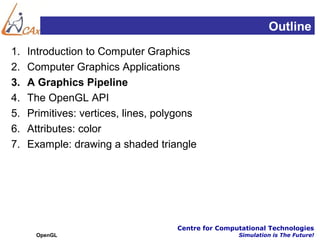 Outline
1.   Introduction to Computer Graphics
2.   Computer Graphics Applications
3.   A Graphics Pipeline
4.   The OpenGL API
5.   Primitives: vertices, lines, polygons
6.   Attributes: color
7.   Example: drawing a shaded triangle




                                     Centre for Computational Technologies
      OpenGL                                         Simulation is The Future!
 
