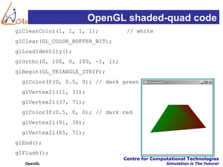 OpenGL shaded-quad code
glClearColor(1, 1, 1, 1);          // white
glClear(GL_COLOR_BUFFER_BIT);
glLoadIdentity();
glOrtho(0, 100, 0, 100, -1, 1);
glBegin(GL_TRIANGLE_STRIP);
  glColor3f(0, 0.5, 0); // dark green
  glVertex2i(11, 31);
  glVertex2i(37, 71);
  glColor3f(0.5, 0, 0); // dark red
  glVertex2i(91, 38);
  glVertex2i(65, 71);
glEnd();
glFlush();
                                  Centre for Computational Technologies
  OpenGL                                          Simulation is The Future!
 