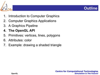 Outline
1.   Introduction to Computer Graphics
2.   Computer Graphics Applications
3.   A Graphics Pipeline
4.   The OpenGL API
5.   Primitives: vertices, lines, polygons
6.   Attributes: color
7.   Example: drawing a shaded triangle




                                     Centre for Computational Technologies
      OpenGL                                         Simulation is The Future!
 