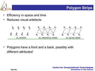 Polygon Strips
• Efficiency in space and time
• Reduces visual artefacts




• Polygons have a front and a back, possibly with
  different attributes!



                                  Centre for Computational Technologies
     OpenGL                                       Simulation is The Future!
 