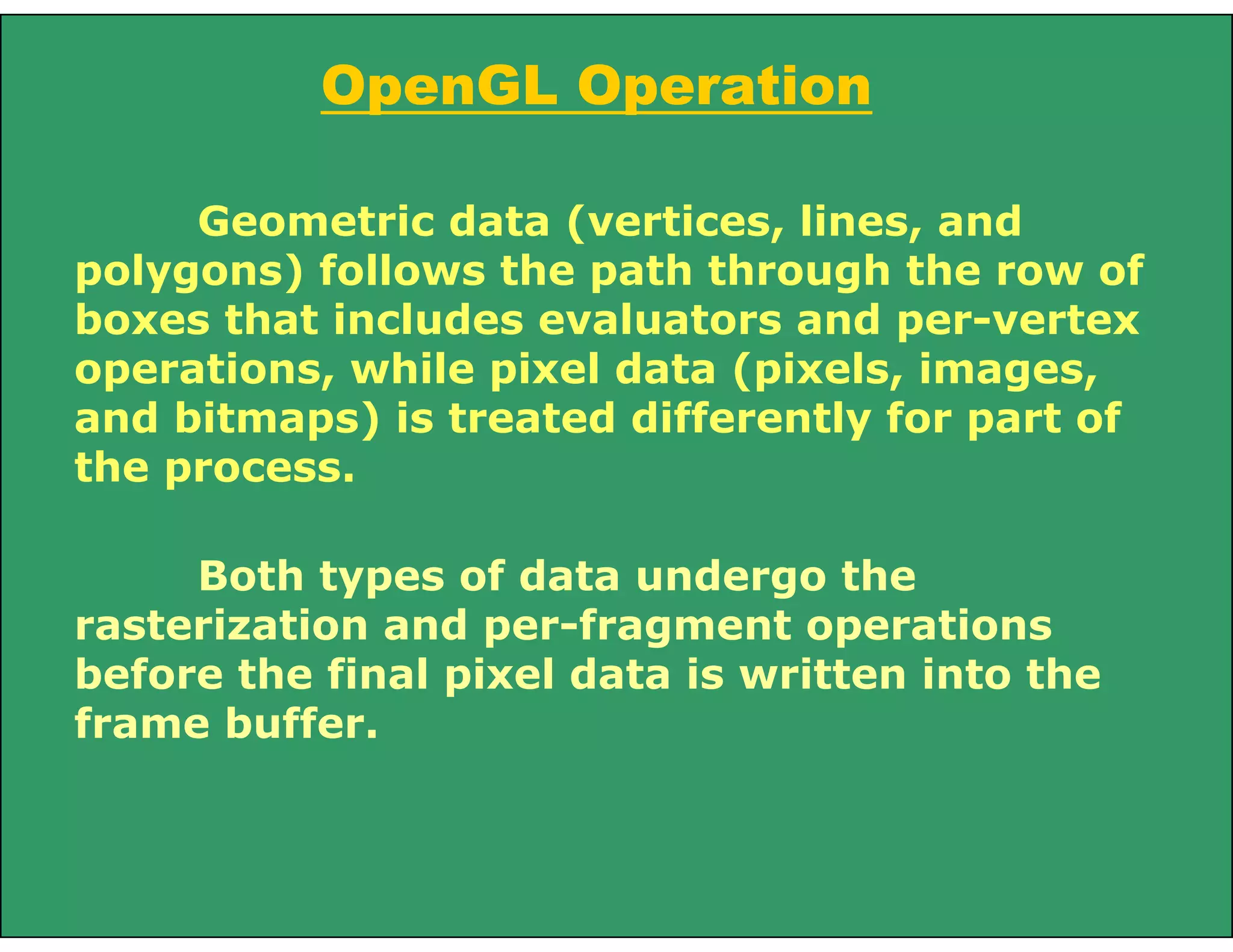 Geometric data (vertices, lines, and
polygons) follows the path through the row of
boxes that includes evaluators and per-vertex
operations, while pixel data (pixels, images,
and bitmaps) is treated differently for part of
the process.
Both types of data undergo the
rasterization and per-fragment operations
before the final pixel data is written into the
frame buffer.
OpenGL Operation
 