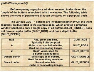 glutInitDisplaymode()
Before opening a graphics window, we need to decide on the
`depth' of the buffers associated with the window. The following table
shows the types of parameters that can be stored on a per-pixel basis:
The various GLUT_* options are invoked together by OR-ing them
together, as illustrated in the example code, which creates a graphics
window which has only a single copy of all buffers (GLUT_SINGLE), does
not have an alpha buffer (GLUT_RGB), and has a depth buffer
(GLUT_DEPTH).
RGB Red, green and blue,
Typically 8 bits per pixel
GLUT_RGB
A Alpha or accumulation buffer,
Used for composting images
GLUT_RGBA
Z Depth value, used for
Z-buffer visibility tests
GLUT_DEPTH
Double buffer Extra copy of all buffers,
Used for smoothing animation
GLUT_DOUBLE
Stencil buffer Several extra bits,
Useful in composting images
GLUT_STENCIL
 