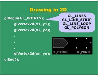 Drawing in 2D
glBegin(GL_POINTS);
glVertex2d(x1, y1);
glVertex2d(x2, y2);
.
.
.
glVertex2d(xn, yn);
glEnd();
GL_LINES
GL_LINE_STRIP
GL_LINE_LOOP
GL_POLYGON
 