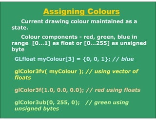 GLfloat myColour[3] = {0, 0, 1}; // blue
glColor3fv( myColour ); // using vector of
floats
glColor3f(1.0, 0.0, 0.0); // red using floats
glColor3ub(0, 255, 0); // green using
unsigned bytes
Assigning Colours
Current drawing colour maintained as a
state.
Colour components - red, green, blue in
range [0...1] as float or [0…255] as unsigned
byte
 