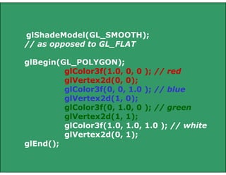 glShadeModel(GL_SMOOTH);
// as opposed to GL_FLAT
glBegin(GL_POLYGON);
glColor3f(1.0, 0, 0 ); // red
glVertex2d(0, 0);
glColor3f(0, 0, 1.0 ); // blue
glVertex2d(1, 0);
glColor3f(0, 1.0, 0 ); // green
glVertex2d(1, 1);
glColor3f(1.0, 1.0, 1.0 ); // white
glVertex2d(0, 1);
glEnd();
 