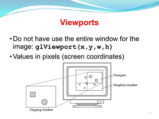 Viewports
• Do not have use the entire window for the
image: glViewport(x,y,w,h)
• Values in pixels (screen coordinates)

*

 