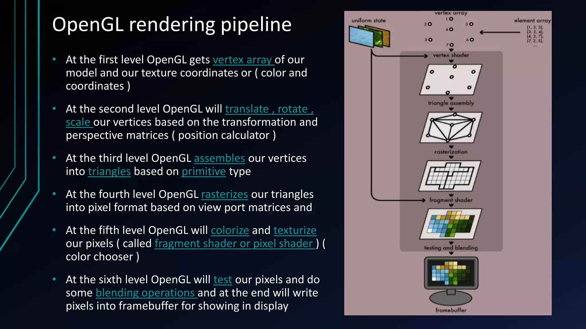 OpenGL rendering pipeline
• At the first level OpenGL gets vertex array of our
model and our texture coordinates or ( color and
coordinates )
• At the second level OpenGL will translate , rotate ,
scale our vertices based on the transformation and
perspective matrices ( position calculator )
• At the third level OpenGL assembles our vertices
into triangles based on primitive type
• At the fourth level OpenGL rasterizes our triangles
into pixel format based on view port matrices and
• At the fifth level OpenGL will colorize and texturize
our pixels ( called fragment shader or pixel shader ) (
color chooser )
• At the sixth level OpenGL will test our pixels and do
some blending operations and at the end will write
pixels into framebuffer for showing in display
 