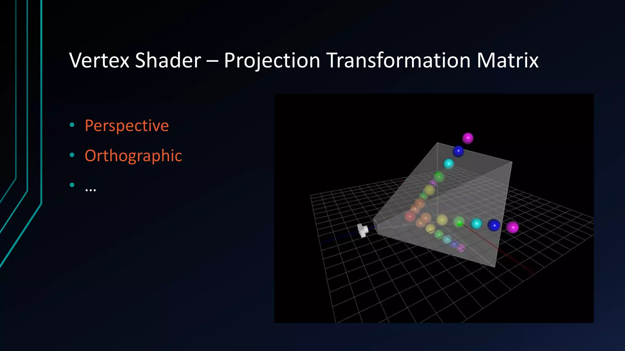 Vertex Shader – Projection Transformation Matrix
• Perspective
• Orthographic
• …
 