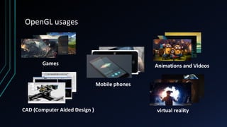OpenGL usages
Games Animations and Videos
virtual realityCAD (Computer Aided Design )
Mobile phones
 
