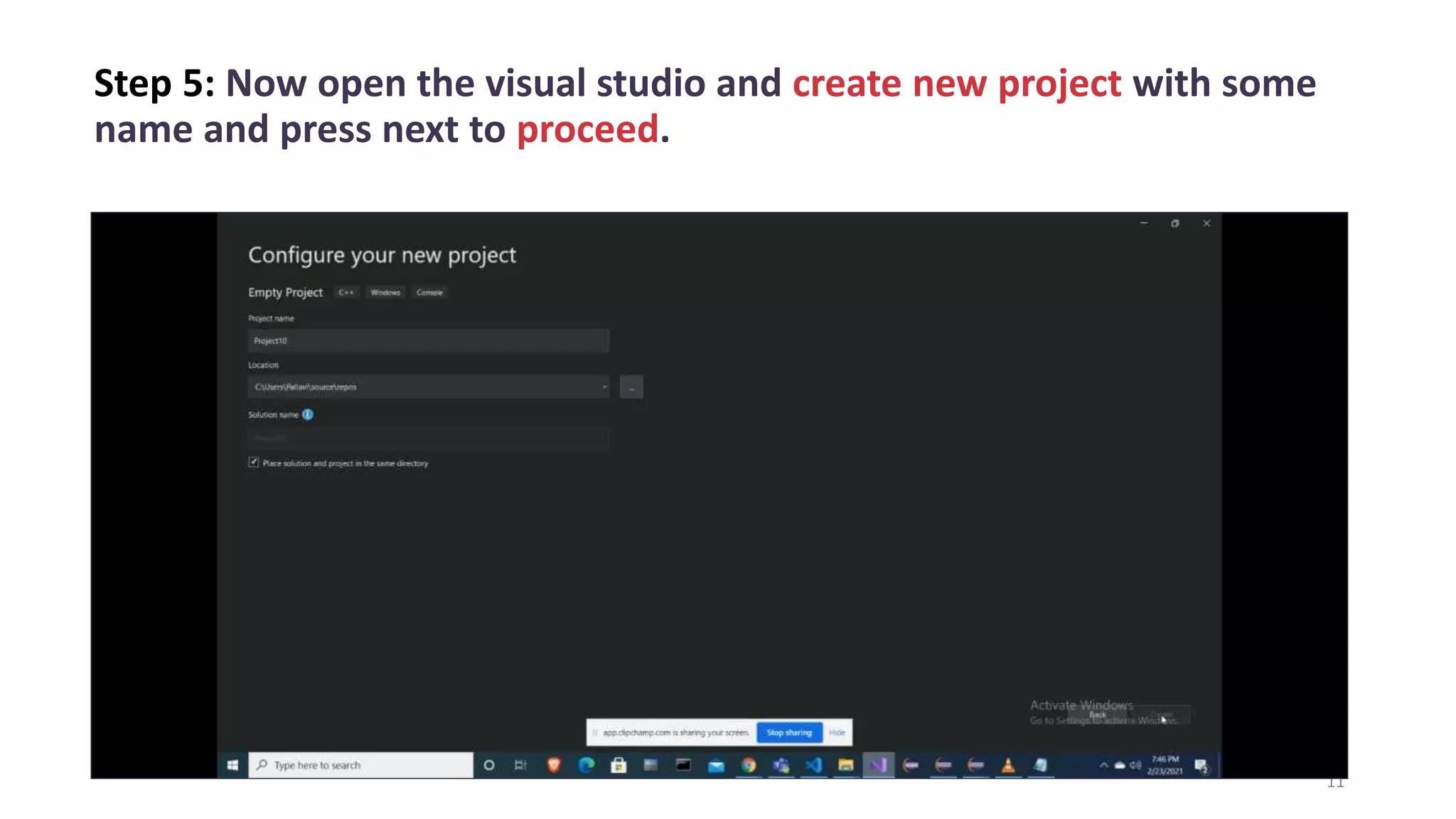 Step 5: Now open the visual studio and create new project with some
name and press next to proceed.
11
 
