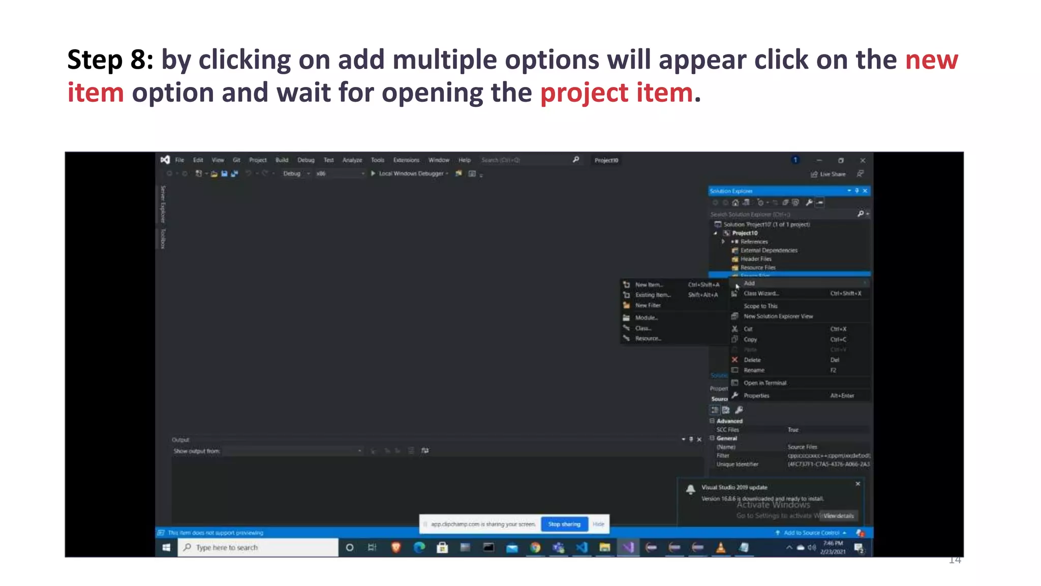 Step 8: by clicking on add multiple options will appear click on the new
item option and wait for opening the project item.
14
 