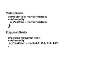 Vertex Shader
attribute vec4 vertexPosition;
void main(){
     gl_Position = vertexPosition;
 

}

Fragment Shader
precision mediump float;
void main(){
  
 gl_FragColor = vec4(0.5, 0.5, 0.5, 1.0);
}

 
