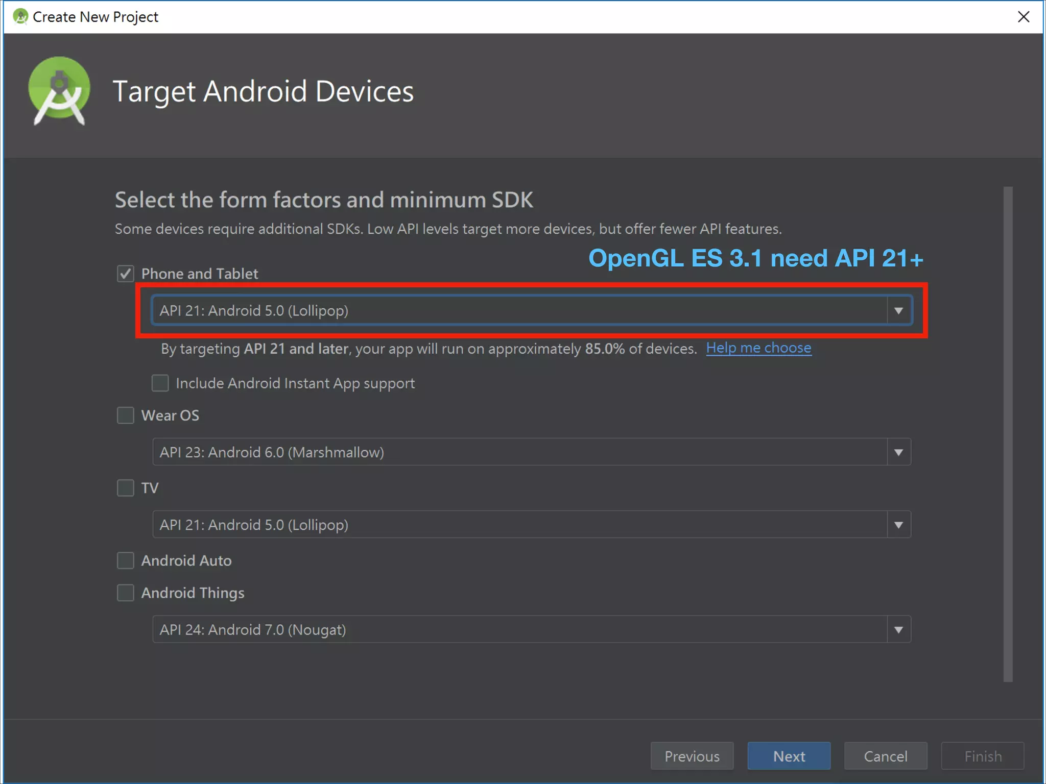 OpenGL ES 3.1 need API 21+
 