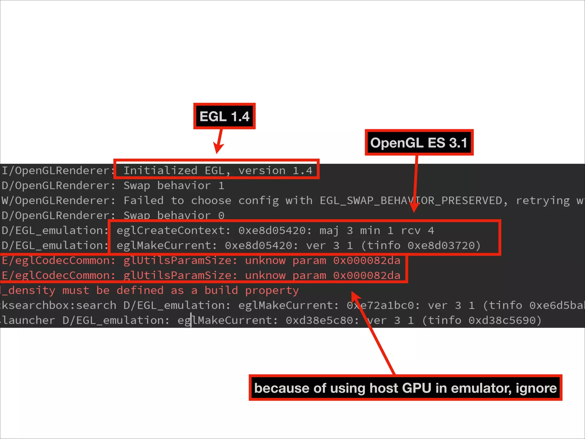 EGL 1.4
OpenGL ES 3.1
because of using host GPU in emulator, ignore
 