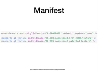 Manifest
https://developer.android.com/training/graphics/opengl/environment
 