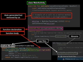 Auto generated but
removed by us
function declaration
class MainActivity
native-lib.cpp
function body
(convention in color box)
libname
cpp ﬁles
 