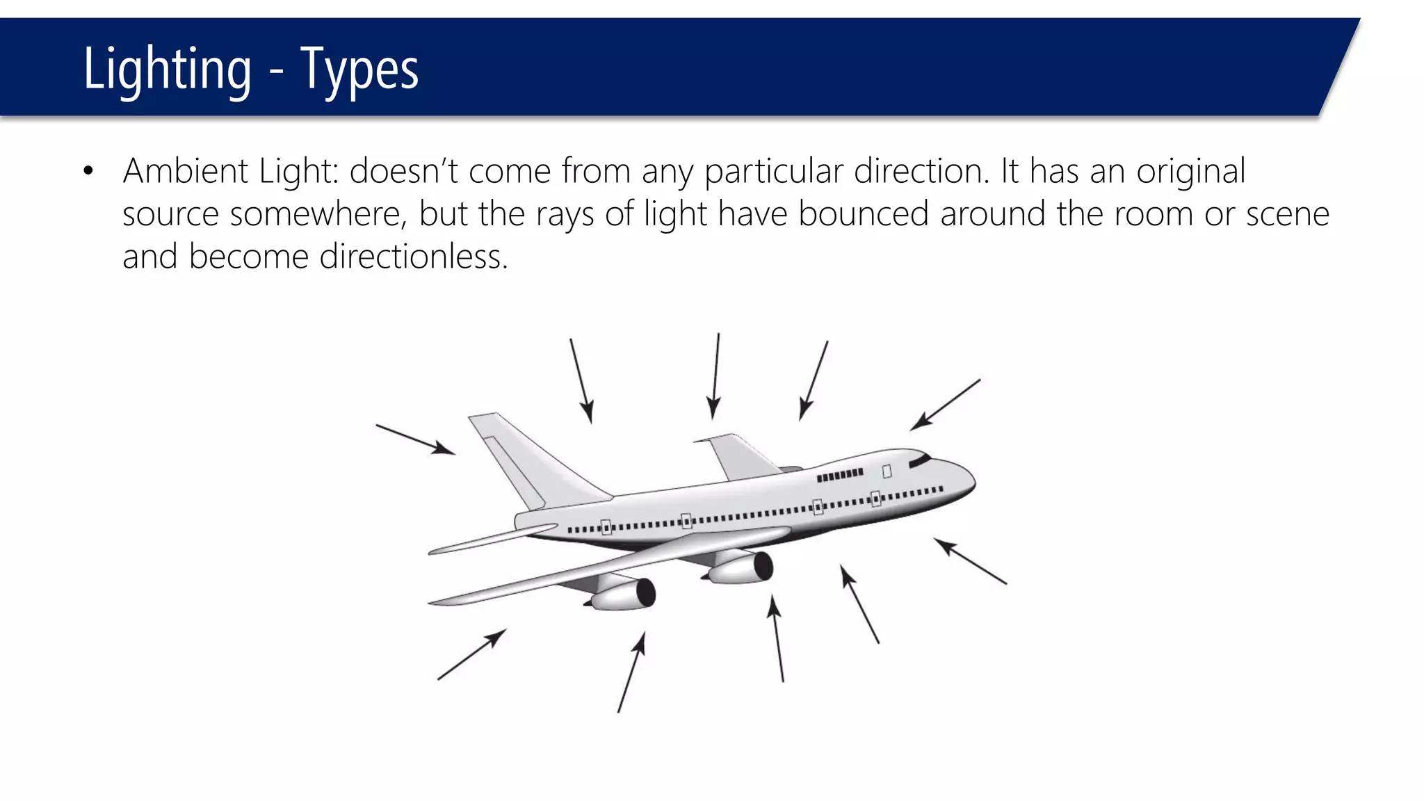 Lighting - Types
• Ambient Light: doesn’t come from any particular direction. It has an original
source somewhere, but the rays of light have bounced around the room or scene
and become directionless.
 