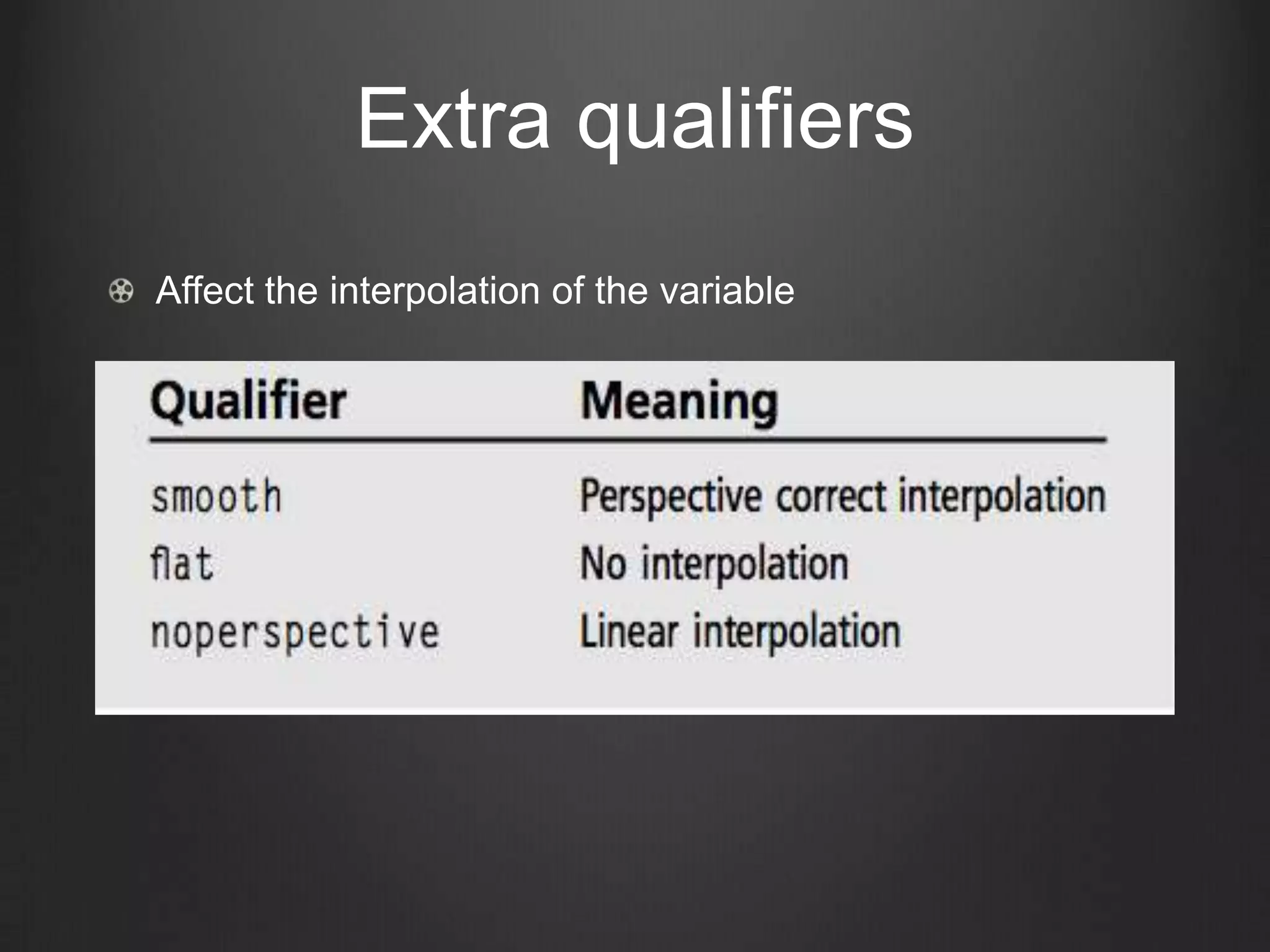 Extra qualifiers
Affect the interpolation of the variable
 