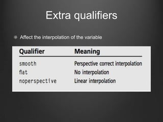 Extra qualifiers
Affect the interpolation of the variable
 
