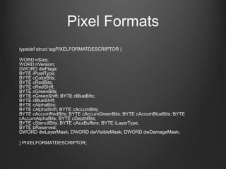 Pixel Formats
typedef struct tagPIXELFORMATDESCRIPTOR {

WORD nSize;
WORD nVersion;
DWORD dwFlags;
BYTE iPixelType;
BYTE cColorBits;
BYTE cRedBits;
BYTE cRedShift;
BYTE cGreenBits;
BYTE cGreenShift; BYTE cBlueBits;
BYTE cBlueShift;
BYTE cAlphaBits;
BYTE cAlphaShift; BYTE cAccumBits;
BYTE cAccumRedBits; BYTE cAccumGreenBits; BYTE cAccumBlueBits; BYTE
cAccumAlphaBits; BYTE cDepthBits;
BYTE cStencilBits; BYTE cAuxBuffers; BYTE iLayerType;
BYTE bReserved;
DWORD dwLayerMask; DWORD dwVisibleMask; DWORD dwDamageMask;

} PIXELFORMATDESCRIPTOR;
 