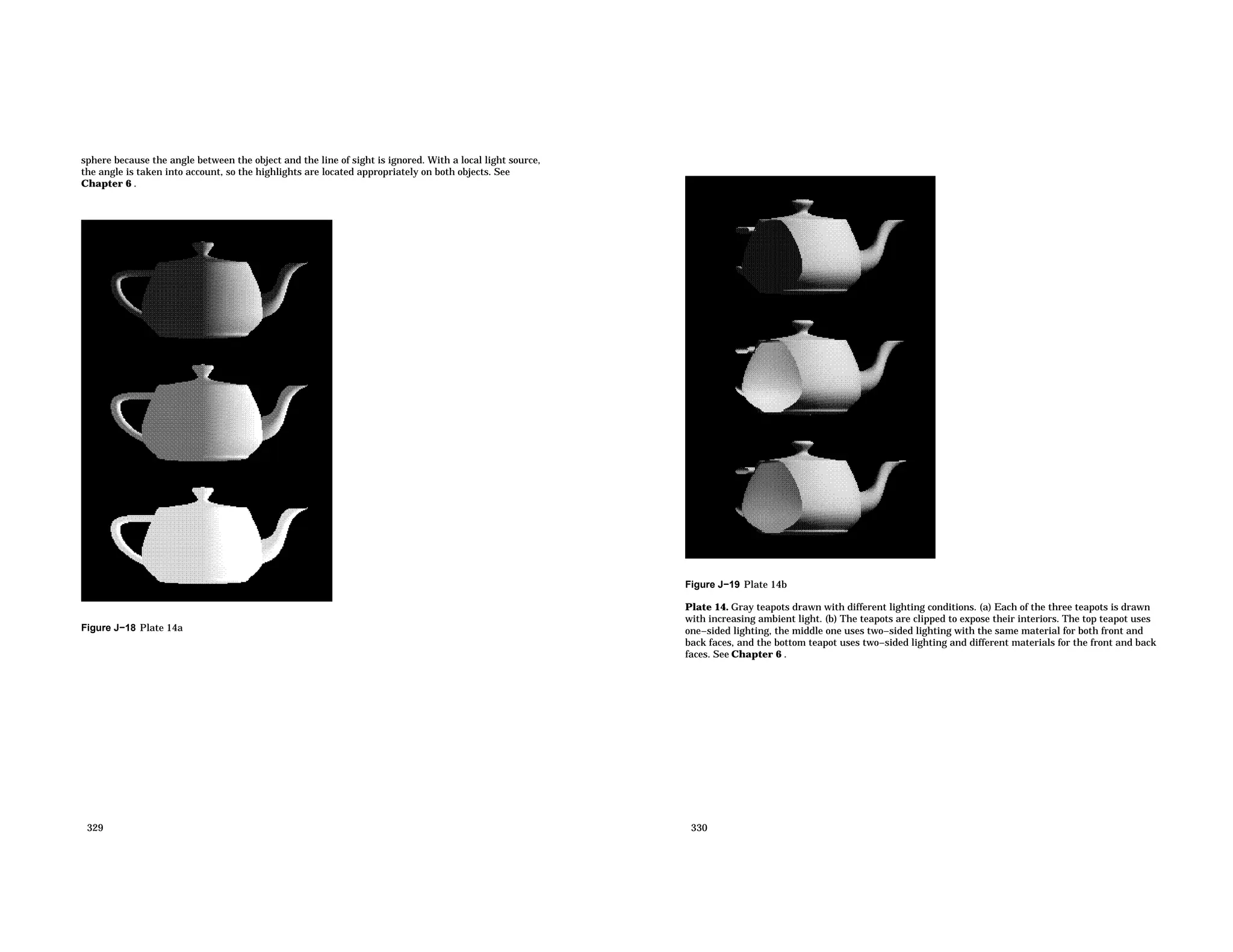 sphere because the angle between the object and the line of sight is ignored. With a local light source, the angle is taken into account, so the highlights are located appropriately on both objects. See Chapter 6 . Figure J−18 Plate 14a 329 Figure J−19 Plate 14b Plate 14. Gray teapots drawn with different lighting conditions. (a) Each of the three teapots is drawn with increasing ambient light. (b) The teapots are clipped to expose their interiors. The top teapot uses one−sided lighting, the middle one uses two−sided lighting with the same material for both front and back faces, and the bottom teapot uses two−sided lighting and different materials for the front and back faces. See Chapter 6 . 330 