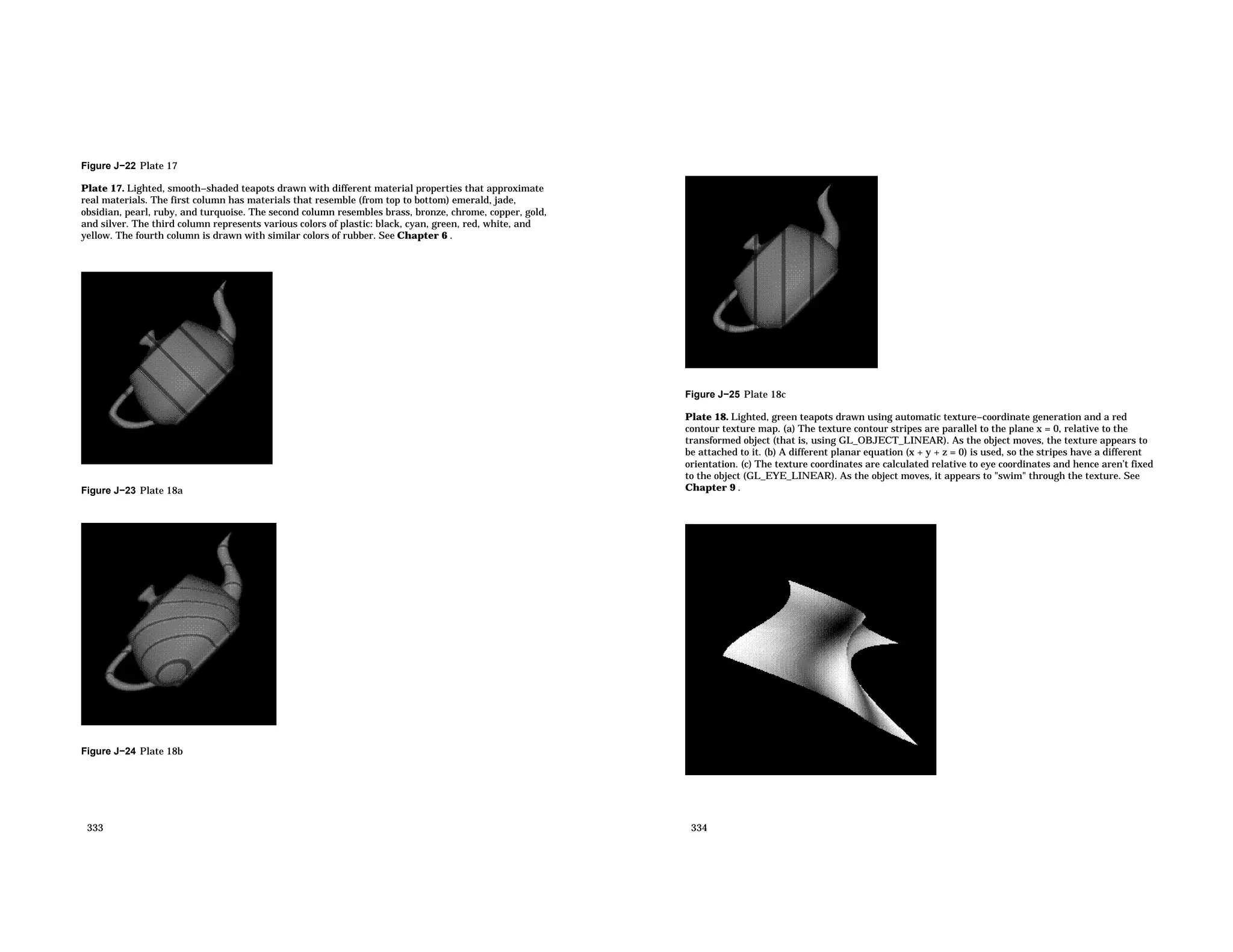 Figure J−22 Plate 17 Plate 17. Lighted, smooth−shaded teapots drawn with different material properties that approximate real materials. The first column has materials that resemble (from top to bottom) emerald, jade, obsidian, pearl, ruby, and turquoise. The second column resembles brass, bronze, chrome, copper, gold, and silver. The third column represents various colors of plastic: black, cyan, green, red, white, and yellow. The fourth column is drawn with similar colors of rubber. See Chapter 6 . Figure J−23 Plate 18a Figure J−24 Plate 18b 333 Figure J−25 Plate 18c Plate 18. Lighted, green teapots drawn using automatic texture−coordinate generation and a red contour texture map. (a) The texture contour stripes are parallel to the plane x = 0, relative to the transformed object (that is, using GL_OBJECT_LINEAR). As the object moves, the texture appears to be attached to it. (b) A different planar equation (x + y + z = 0) is used, so the stripes have a different orientation. (c) The texture coordinates are calculated relative to eye coordinates and hence aren’t fixed to the object (GL_EYE_LINEAR). As the object moves, it appears to "swim" through the texture. See Chapter 9 . 334 