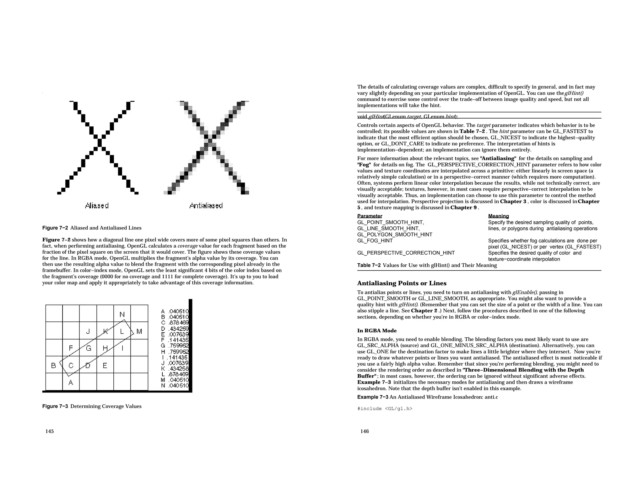 Figure 7−2 Aliased and Antialiased Lines Figure 7−2 shows how a diagonal line one pixel wide covers more of some pixel squares than others. In fact, when performing antialiasing, OpenGL calculates a coverage value for each fragment based on the fraction of the pixel square on the screen that it would cover. The figure shows these coverage values for the line. In RGBA mode, OpenGL multiplies the fragment’s alpha value by its coverage. You can then use the resulting alpha value to blend the fragment with the corresponding pixel already in the framebuffer. In color−index mode, OpenGL sets the least significant 4 bits of the color index based on the fragment’s coverage (0000 for no coverage and 1111 for complete coverage). It’s up to you to load your color map and apply it appropriately to take advantage of this coverage information. Figure 7−3 Determining Coverage Values 145 The details of calculating coverage values are complex, difficult to specify in general, and in fact may vary slightly depending on your particular implementation of OpenGL. You can use theglHint() command to exercise some control over the trade−off between image quality and speed, but not all implementations will take the hint. void glHint(GLenum target, GLenum hint); Controls certain aspects of OpenGL behavior. The target parameter indicates which behavior is to be controlled; its possible values are shown in Table 7−2 . The hint parameter can be GL_FASTEST to indicate that the most efficient option should be chosen, GL_NICEST to indicate the highest−quality option, or GL_DONT_CARE to indicate no preference. The interpretation of hints is implementation−dependent; an implementation can ignore them entirely. For more information about the relevant topics, see "Antialiasing" for the details on sampling and "Fog" for details on fog. The GL_PERSPECTIVE_CORRECTION_HINT parameter refers to how color values and texture coordinates are interpolated across a primitive: either linearly in screen space (a relatively simple calculation) or in a perspective−correct manner (which requires more computation). Often, systems perform linear color interpolation because the results, while not technically correct, are visually acceptable; textures, however, in most cases require perspective−correct interpolation to be visually acceptable. Thus, an implementation can choose to use this parameter to control the method used for interpolation. Perspective projection is discussed in Chapter 3 , color is discussed inChapter 5 , and texture mapping is discussed in Chapter 9 . Parameter Meaning GL_POINT_SMOOTH_HINT, GL_LINE_SMOOTH_HINT, GL_POLYGON_SMOOTH_HINT Specify the desired sampling quality of points, lines, or polygons during antialiasing operations GL_FOG_HINT Specifies whether fog calculations are done per pixel (GL_NICEST) or per vertex (GL_FASTEST) GL_PERSPECTIVE_CORRECTION_HINT Specifies the desired quality of color and texture−coordinate interpolation Table 7−2 Values for Use with glHint() and Their Meaning Antialiasing Points or Lines To antialias points or lines, you need to turn on antialiasing with glEnable(), passing in GL_POINT_SMOOTH or GL_LINE_SMOOTH, as appropriate. You might also want to provide a quality hint with glHint(). (Remember that you can set the size of a point or the width of a line. You can also stipple a line. See Chapter 2 .) Next, follow the procedures described in one of the following sections, depending on whether you’re in RGBA or color−index mode. In RGBA Mode In RGBA mode, you need to enable blending. The blending factors you most likely want to use are GL_SRC_ALPHA (source) and GL_ONE_MINUS_SRC_ALPHA (destination). Alternatively, you can use GL_ONE for the destination factor to make lines a little brighter where they intersect. Now you’re ready to draw whatever points or lines you want antialiased. The antialiased effect is most noticeable if you use a fairly high alpha value. Remember that since you’re performing blending, you might need to consider the rendering order as described in "Three−Dimensional Blending with the Depth Buffer" ; in most cases, however, the ordering can be ignored without significant adverse effects. Example 7−3 initializes the necessary modes for antialiasing and then draws a wireframe icosahedron. Note that the depth buffer isn’t enabled in this example. Example 7−3 An Antialiased Wireframe Icosahedron: anti.c #include <GL/gl.h> 146 